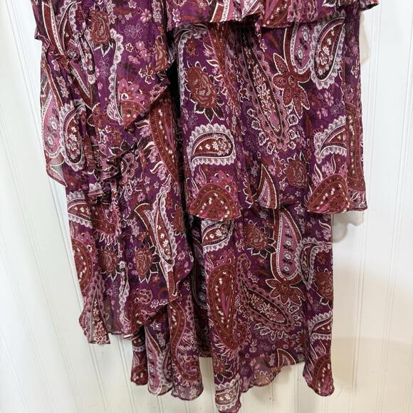 SUNDANCE 100% Silk Burgundy Paisley Ruffle Flutter Tier Maxi Dress 12 Boho Sheer - Picture 8 of 9